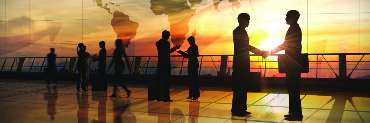 Global Team Business shake hand and meeting silhouettes